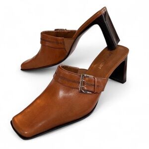 Nine West Brown Leather Square Toe Mules
